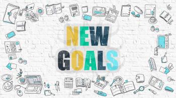 New Goals Concept. Modern Line Style Illustration. Multicolor New Goals Drawn on White Brick Wall. Doodle Icons. Doodle Design Style of New Goals Concept.