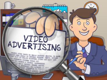 Man Showing a Paper with Inscription Video Advertising. Closeup View through Lens. Multicolor Doodle Illustration.
