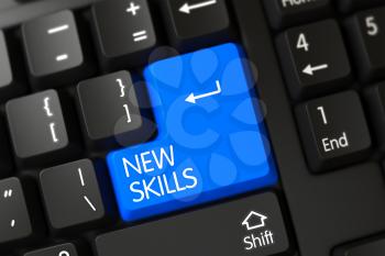 Concepts of New Skills, with a New Skills on Blue Enter Button on Modernized Keyboard. Modern Keyboard with Hot Key for New Skills. Blue New Skills Keypad on Keyboard. 3D.