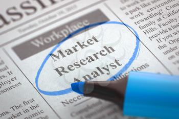 Market Research Analyst - Vacancy in Newspaper, Circled with a Blue Marker. Blurred Image. Selective focus. Concept of Recruitment. 3D Illustration.