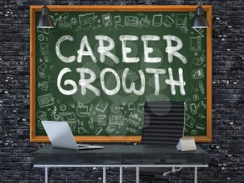 Hand Drawn Career Growth on Green Chalkboard. Modern Office Interior. Dark Brick Wall Background. Business Concept with Doodle Style Elements. 3D.