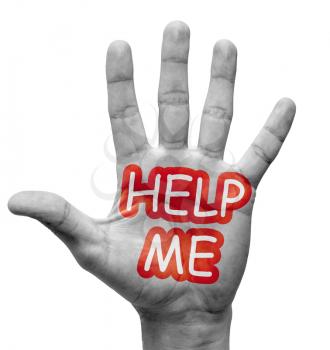 Help Me - Raised Hand with Red-White Words Help Me Palm - Isolated on White Background.