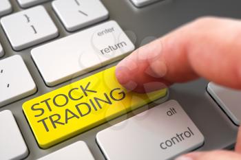Finger Pushing Stock Trading Keypad on Computer Keyboard. Computer User Presses Stock Trading Yellow Keypad. Selective Focus on the Stock Trading Key. 3D Illustration.