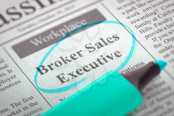 Broker Sales Executive. Newspaper with the Classified Advertisement of Hiring, Circled with a Azure Highlighter. Blurred Image with Selective focus. Concept of Recruitment. 3D Rendering.