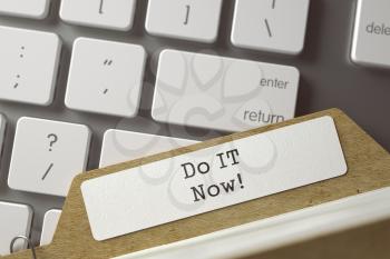 Do IT Now written on Sort Index Card Overlies White Modern Computer Keyboard. Business Concept. Closeup View. Toned Blurred Illustration. 3D Rendering.