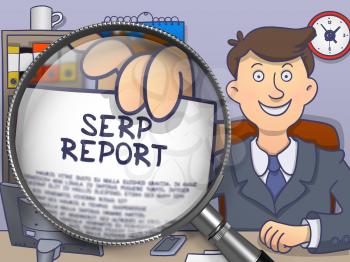 SERP Report. Man Showing Paper with Inscription through Magnifier. Multicolor Modern Line Illustration in Doodle Style.