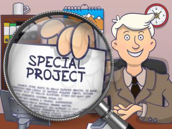 Special Project on Paper in Man's Hand to Illustrate a Business Concept. Closeup View through Magnifying Glass. Multicolor Modern Line Illustration in Doodle Style.