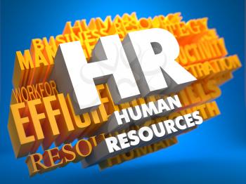 HR - Human Resources. The Words in White Color on Cloud of Yellow Words on Blue Background. Wordcloud Concept.