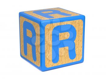 Letter R on Blue Wooden Childrens Alphabet Block  Isolated on White. Educational Concept.