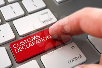 Man Finger Pushing Customs Declaration Red Keypad on Aluminum Keyboard. 3D Illustration.