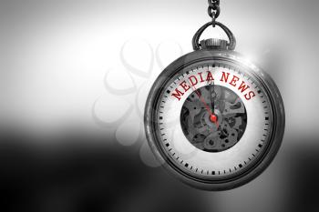 Media News Close Up of Red Text on the Vintage Pocket Clock Face. Business Concept: Pocket Watch with Media News - Red Text on it Face. 3D Rendering.
