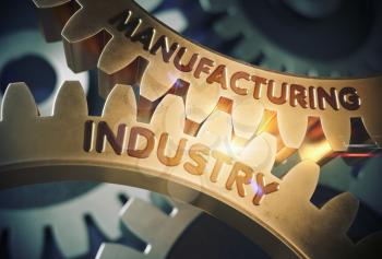 Manufacturing Industry on the Golden Metallic Cogwheels. Manufacturing Industry on Mechanism of Golden Gears. 3D Rendering.