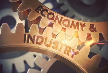 Golden Cog Gears with Economy And Industry Concept. Economy And Industry on the Mechanism of Golden Cog Gears. 3D Rendering.