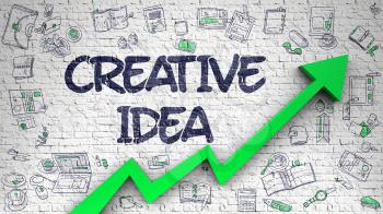 Creative Idea - Business Concept with Hand Drawn Icons Around on White Wall Background. Creative Idea - Improvement Concept. Inscription on the White Brick Wall with Hand Drawn Icons Around. 3d.