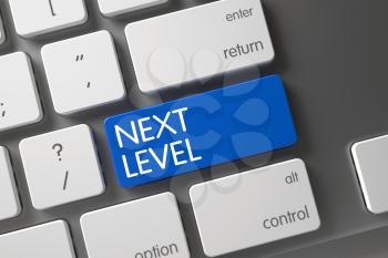 Next Level Concept White Keyboard with Next Level on Blue Enter Key Background, Selected Focus. 3D Render.