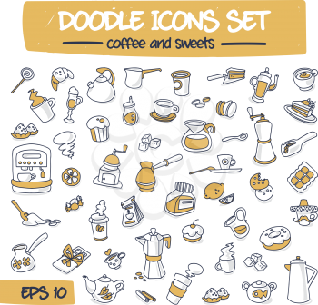 Thin Doodle Icons Set - Coffee and Sweets. Sketch Sign Illustration on Paper of Hand Drawn Elements. Hand Drawing Thin Line Icons for Web, App, Mobile, Business, Education and Printing Fayers .