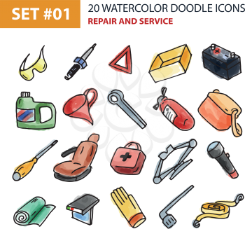 Set of hand drawn watercolor icons of garage equipment, automotive equipment. Vector illustrations in doodle style for graphic and web design.