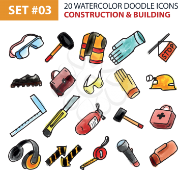 Watercolor Doodle Icons Set - Construction and Building. Sketch Illustration of Hand Drawn Tools and Construction Equipment. Hand Drawing Line Icons for Printing Flyers, Web, App, Mobile and Business.