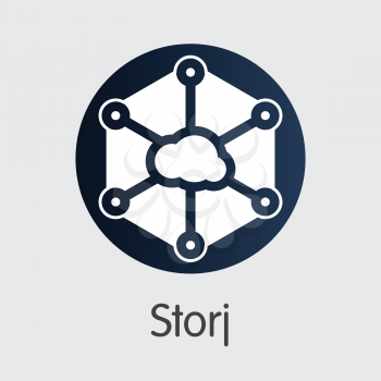 Storj - Digital Currency Concept. Colored Vector Icon Logo and Name of Cryptographic Currency on Grey Background. Vector Coin Image for Exchange STORJ.
