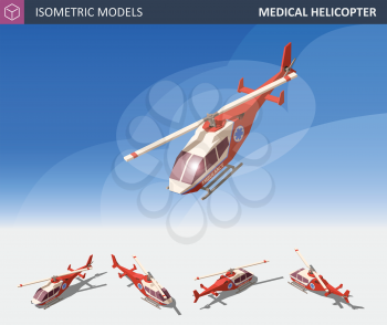 Isometric Medical Helicopter Evacuation. Air Medical Service. Flat 3d Illustration. For Infographics, Design and Games.