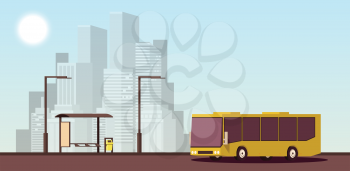 Modern Urban Concept of Public Transport. Yellow Public Bus on Bus Station against the Backdrop of Modern City. Vector 2D Illustration.