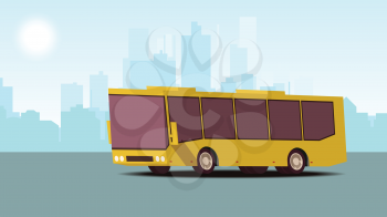 Modern Urban Concept of Public Transport. Comic Cartoon Styled Yellow Public Bus against the Backdrop of Modern City. Blue Landscape Background. Vector 2D Illustration.