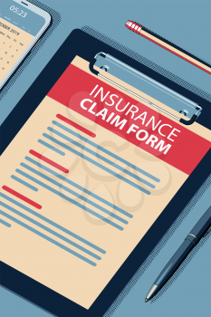 Insurance Claim Form Concept with Clipboard, Modern Smartphone, Ball Pen and Glasses. Flat Lay, Top View. Vector Halftone Isometric Illustration.