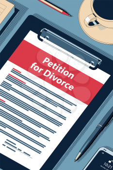 Petition for Divorce Concept with Clipboard, Modern Smartphone, Ball Pen and Glasses. Flat Lay, Top View. Vector Halftone Isometric Illustration.