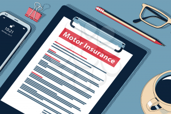 Motor Insurance Concept with Clipboard, Modern Smartphone, Ball Pen and Glasses. Flat Lay, Top View. Vector Halftone Isometric Illustration.