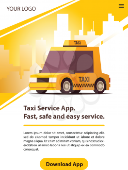 Poster Taxi Service. Yellow Retro Cab on Yellow Landscape Background in Minimalistic Design with Download Button. Flat Vector Illustration.