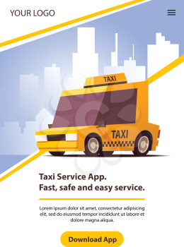 Poster Taxi Service. Yellow Retro Cab on Blue Landscape Background in Minimal Design with Yellow Download Button. Flat Vector Illustration.