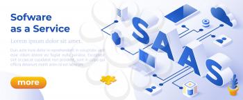 SAAS - Software as a Service or on-Demand - Isometric Concept in Trandy Colors. Cloud Computing Segment Metaphor. Website Banner Layout Template. Vector Illustration.