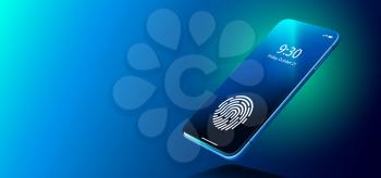 Isometric Black Smartphone With Security Fingerprint And Shadow On Dark Blue Background. Smartphone With Fingerprint Scanner Vector Eps10. Black Isometric Smartphone. Biometric Identification Concept.