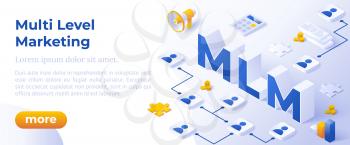 MLM. Multi Level Marketing Business Concept with Big Letters MLM And Digital Devices. Isometric Modern Flat Style.