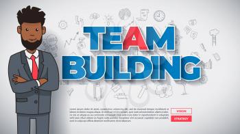 Team Building Concept with Funny Afro American Cartoon Guy with Text Teambuilding on Hand Drawn Business Background. Perfect for Web Design, Banner, Mobile App, Landing Page. Vector Flat Design.