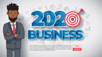 Creative Business Thinking within 2020 Year. Funny Afro American Cartoon Guy with Text, on Hand Drawn Business Background. Modern Idea Concept Vector Illustration Infographic Template.
