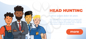 HEAD HUNTING. Hiring and Recruitment Design Poster. Head Hunting Text with Cartoon Characters. Vector Illustration. Open Vacancy Design Template.