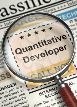 Quantitative Developer - Advertisements and Classifieds Ads for Vacancy in Newspaper. Quantitative Developer. Newspaper with the Classified Ad. Hiring Concept. Selective focus. 3D Render.