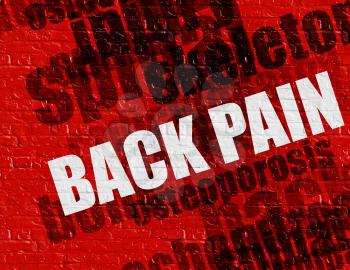 Modern healthcare concept: Back Pain - on the Brickwall with Word Cloud Around . Red Brickwall with Back Pain on the it . 