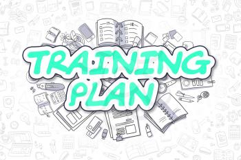 Green Text - Training Plan. Business Concept with Doodle Icons. Training Plan - Hand Drawn Illustration for Web Banners and Printed Materials. 
