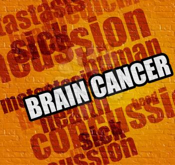 Modern medicine concept: Brain Cancer - on Brick Wall with Wordcloud Around . Yellow Brick Wall with Brain Cancer on it . 