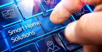 Smart Home Solutions Written on the Blue Transparent Key of Conceptual Keyboard. Smart Home Solutions - Conceptual Keyboard with a Blue Key. 3D.
