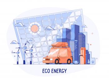 Electric Car on Refilling Station. Solar Panels And Wind Turbines On City Urban Landscape. Vector Illustration Of Clean Electric Energy From Renewable Sources Sun And Wind. Flat Design Style.
