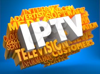 IPTV - White Text on Yellow WordCloud on Blue Background.