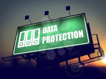 Data Protection with Folders Icon - Green Billboard on the Rising Sun Background.