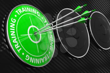 Training - Three Arrows Hitting the Center of Green Target on Black Background.