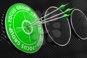 Focus Group Concept. Three Arrows Hitting the Center of Green Target on Black Background.