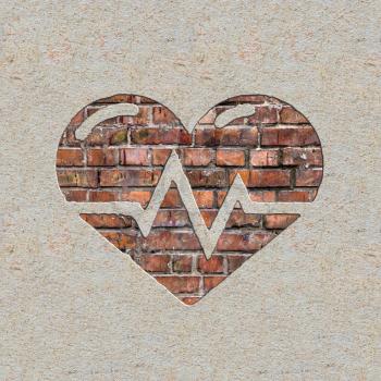 Heart with Cardiogram Line on the Brick and Plastered Wall.