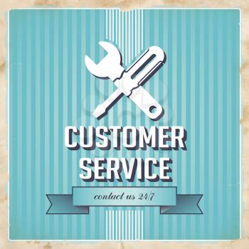 Customer Service with Icon of Crossed Screwdriver and Wrench and Slogan on Blue Striped Background. Vintage Concept in Flat Design.