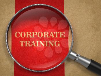 Corporate Training concept. Magnifying Glass on Old Paper with Red Vertical Line Background.